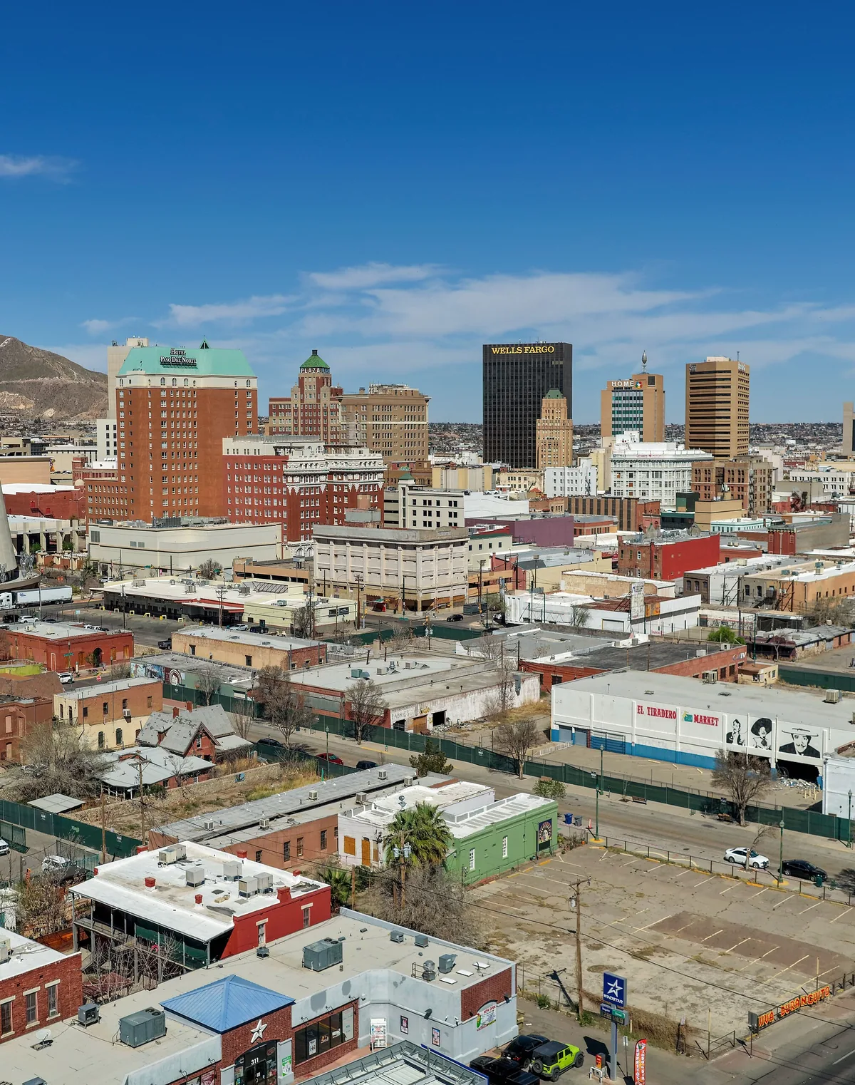 The downtown El Paso, Texas skyline with the Franklin Mountains behind it
